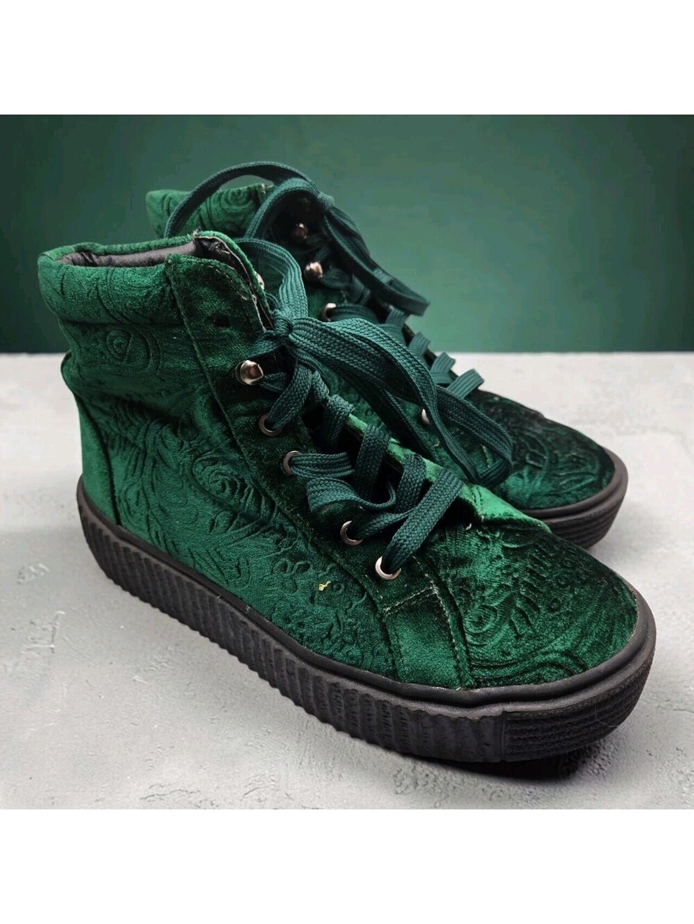 Qupid Green Velvet Platform Creeper Boots High Top Ankle Lace Up Womens Size 5